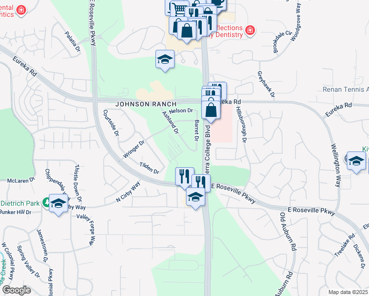 map of restaurants, bars, coffee shops, grocery stores, and more near 2830 Ashland Drive in Roseville