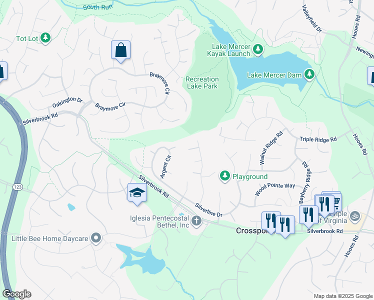 map of restaurants, bars, coffee shops, grocery stores, and more near 8288 Armetale Lane in Fairfax Station