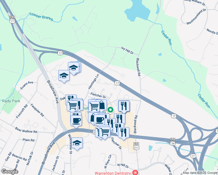 map of restaurants, bars, coffee shops, grocery stores, and more near 122 Oak Tree Lane in Warrenton