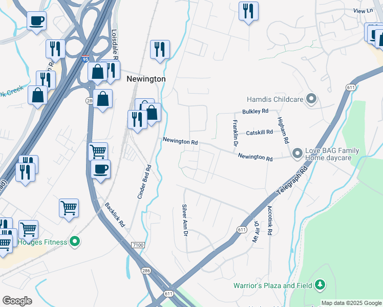 map of restaurants, bars, coffee shops, grocery stores, and more near 8262 Shannons Landing Way in Lorton