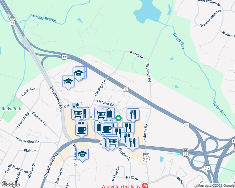 map of restaurants, bars, coffee shops, grocery stores, and more near 120 Oak Tree Lane in Warrenton