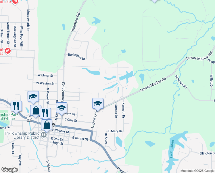 map of restaurants, bars, coffee shops, grocery stores, and more near 512 Lakewood Drive in Troy