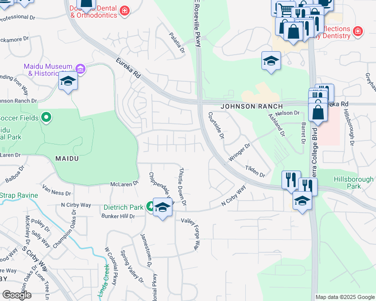 map of restaurants, bars, coffee shops, grocery stores, and more near 408 Halliford Court in Roseville