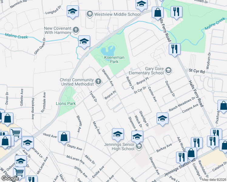 map of restaurants, bars, coffee shops, grocery stores, and more near 2527 Shannon Avenue in Jennings