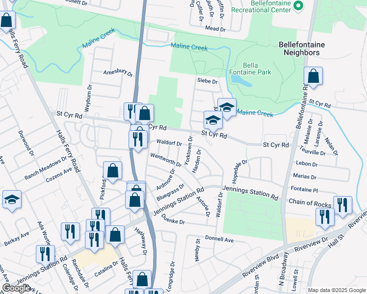 map of restaurants, bars, coffee shops, grocery stores, and more near 9448 Ardmore Drive in St. Louis