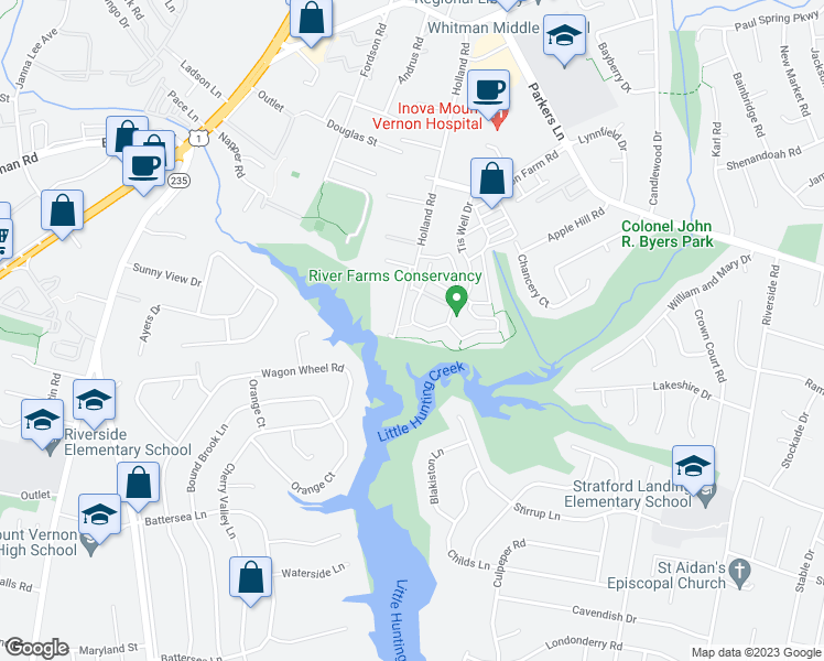 map of restaurants, bars, coffee shops, grocery stores, and more near 2743 Carter Farm Court in Alexandria