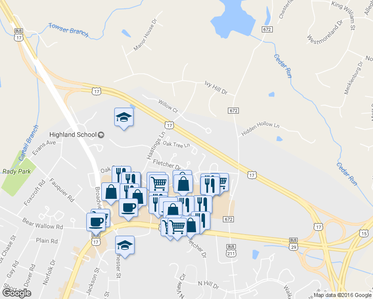 map of restaurants, bars, coffee shops, grocery stores, and more near 116 Oak Tree Lane in Warrenton