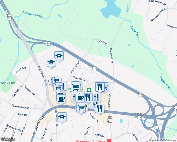 map of restaurants, bars, coffee shops, grocery stores, and more near 116 Oak Tree Lane in Warrenton