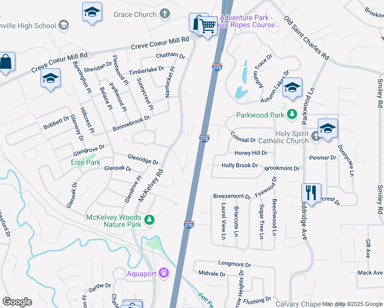 map of restaurants, bars, coffee shops, grocery stores, and more near 10 Woodfork Court in Maryland Heights