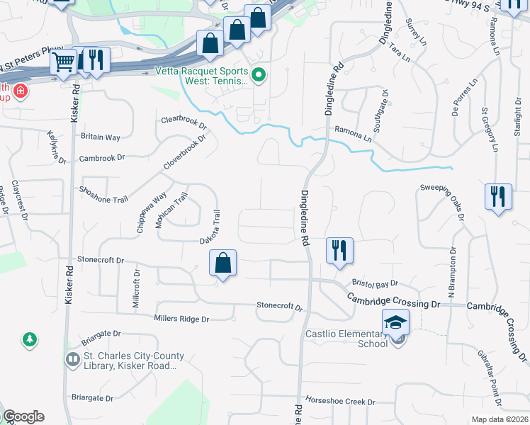 map of restaurants, bars, coffee shops, grocery stores, and more near 1101 Dingledine Road in Saint Charles