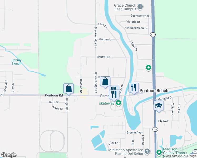 map of restaurants, bars, coffee shops, grocery stores, and more near 4060 Breckenridge Lane in Granite City
