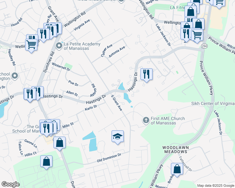 map of restaurants, bars, coffee shops, grocery stores, and more near 10222 Foxborough Court in Manassas