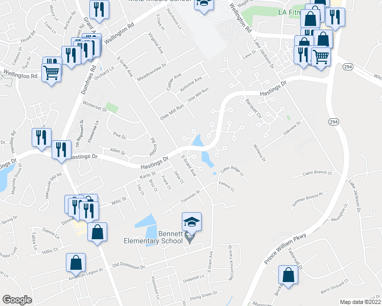 map of restaurants, bars, coffee shops, grocery stores, and more near 10222 Foxborough Court in Manassas