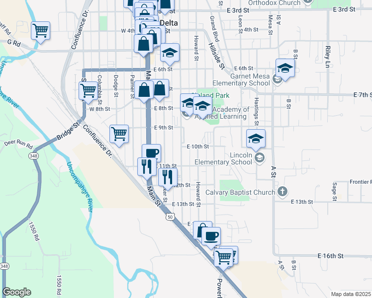 map of restaurants, bars, coffee shops, grocery stores, and more near 1040 Grand Avenue in Delta