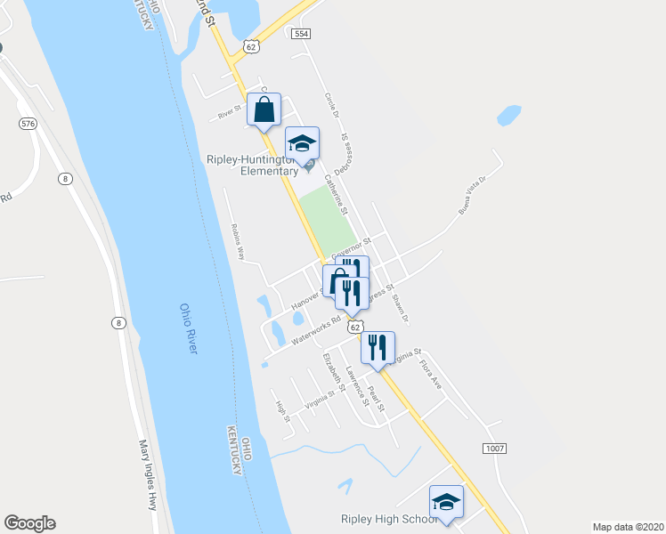 map of restaurants, bars, coffee shops, grocery stores, and more near 819 South 2nd Street in Ripley