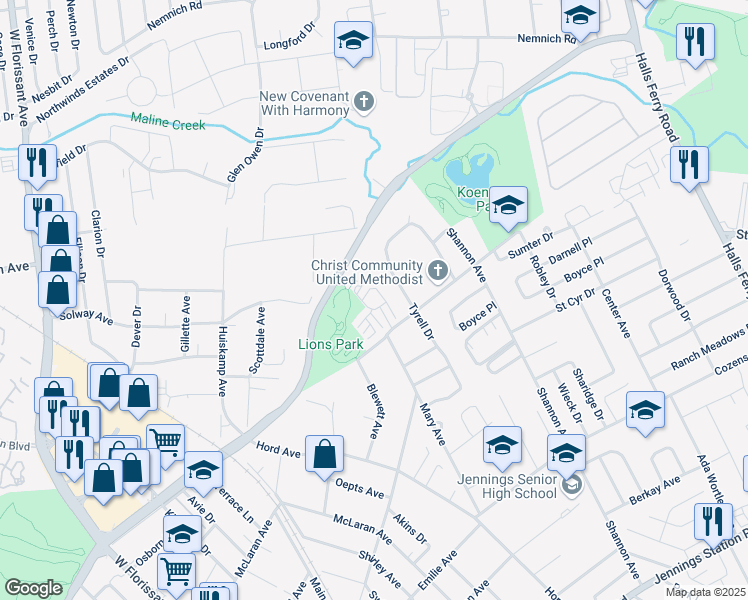 map of restaurants, bars, coffee shops, grocery stores, and more near 8735 Gramaphone Lane in Jennings