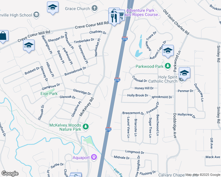 map of restaurants, bars, coffee shops, grocery stores, and more near 10 Woodfork Court in Maryland Heights