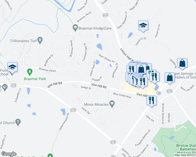 map of restaurants, bars, coffee shops, grocery stores, and more near 12142 Puddle Place in Nokesville