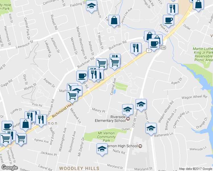 map of restaurants, bars, coffee shops, grocery stores, and more near 3760 Mary Evelyn Way in Alexandria