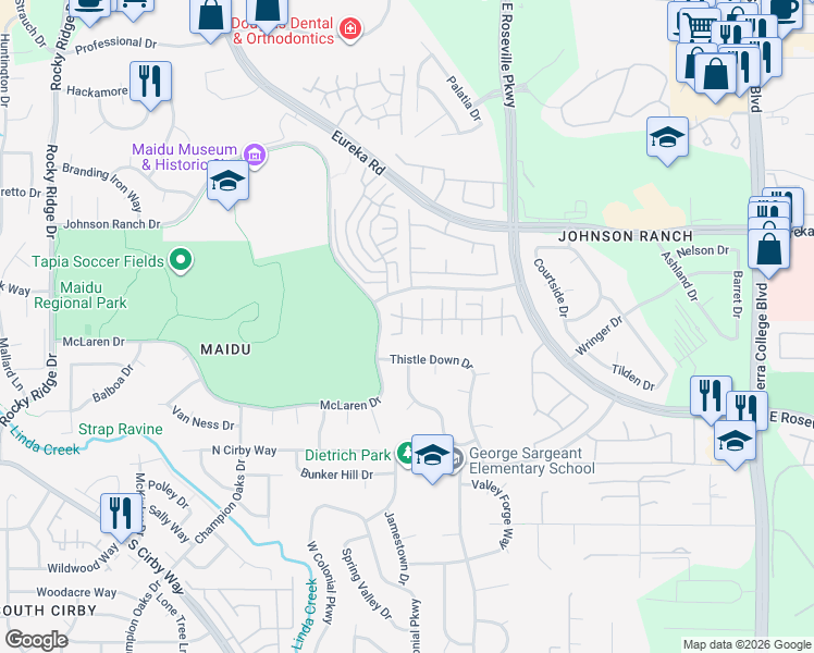 map of restaurants, bars, coffee shops, grocery stores, and more near 401 Bremerton Court in Roseville