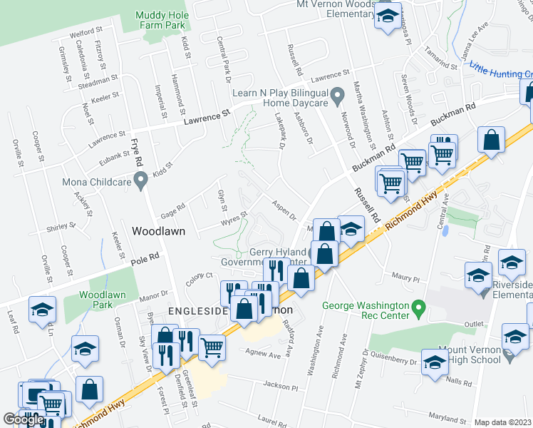 map of restaurants, bars, coffee shops, grocery stores, and more near 8327 Brockham Drive in Alexandria