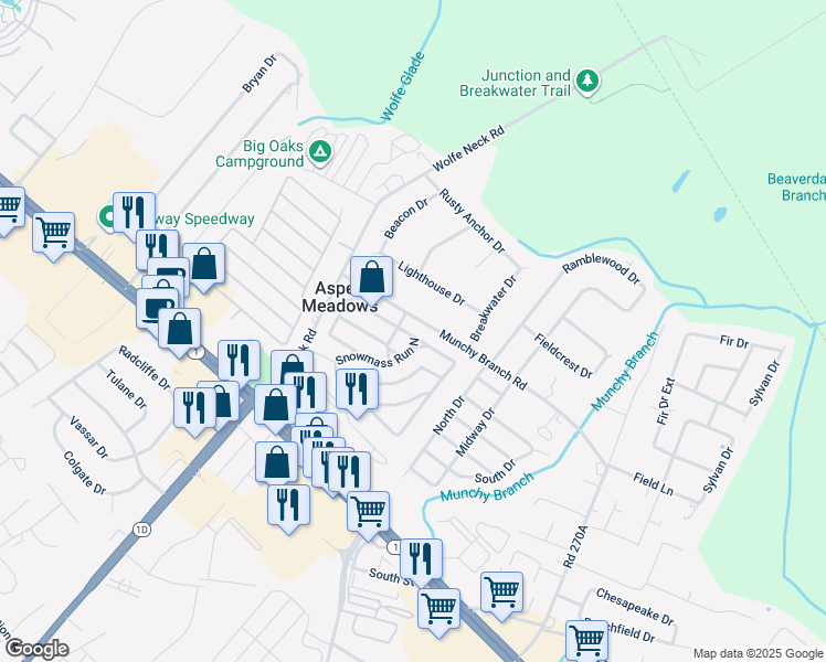 map of restaurants, bars, coffee shops, grocery stores, and more near 18487 Munchy Branch Road in Rehoboth Beach