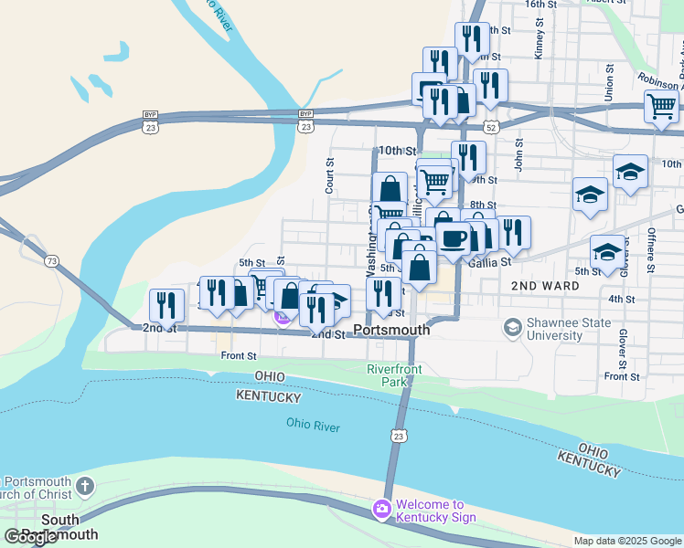 map of restaurants, bars, coffee shops, grocery stores, and more near 633 5th Street in Portsmouth