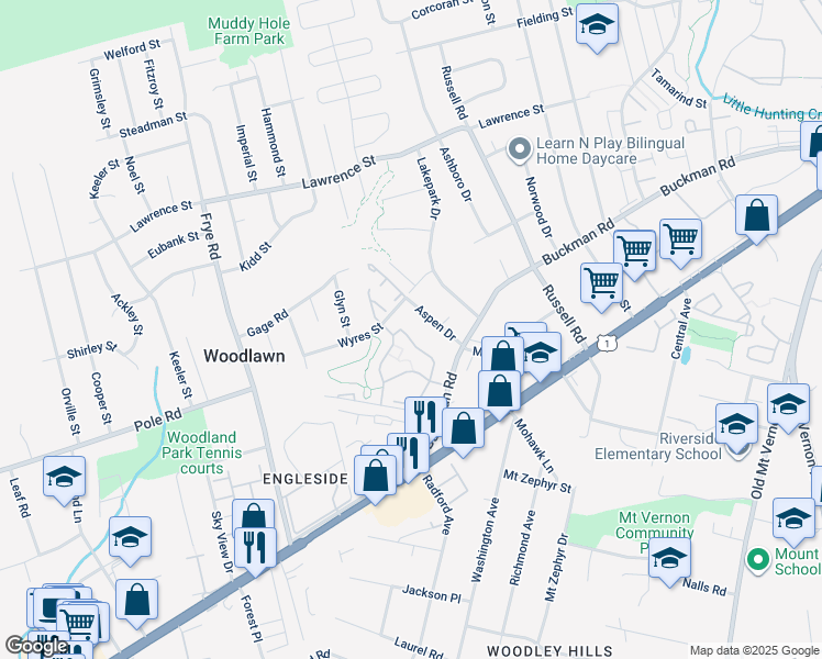 map of restaurants, bars, coffee shops, grocery stores, and more near 8327 Brockham Drive in Alexandria