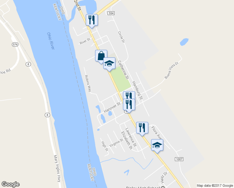 map of restaurants, bars, coffee shops, grocery stores, and more near 801 South 2nd Street in Ripley