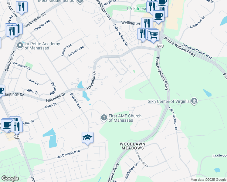 map of restaurants, bars, coffee shops, grocery stores, and more near 8538 Oakview Drive in Manassas