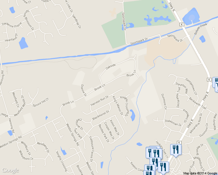 map of restaurants, bars, coffee shops, grocery stores, and more near 208 Brook Lane in O'Fallon