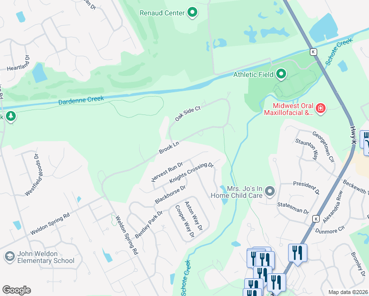 map of restaurants, bars, coffee shops, grocery stores, and more near 208 Brook Lane in O'Fallon