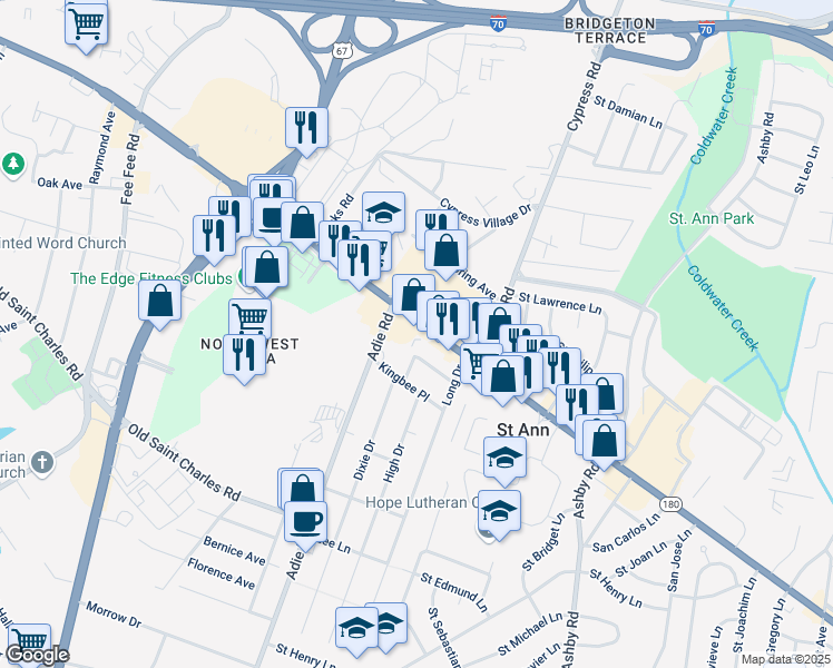 map of restaurants, bars, coffee shops, grocery stores, and more near 10897 Saint Charles Rock Road in St. Ann