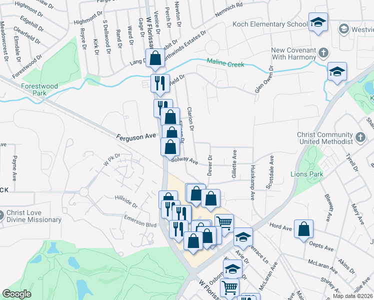 map of restaurants, bars, coffee shops, grocery stores, and more near 9037 Ellison Drive in Jennings