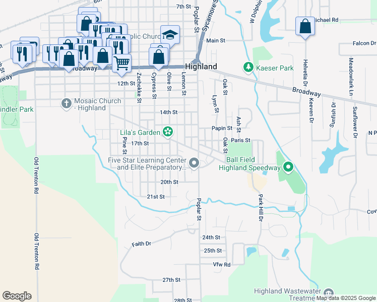 map of restaurants, bars, coffee shops, grocery stores, and more near 1608 Poplar Street in Highland