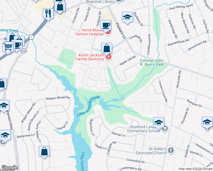 map of restaurants, bars, coffee shops, grocery stores, and more near 8230 Clifton Farm Court in Alexandria