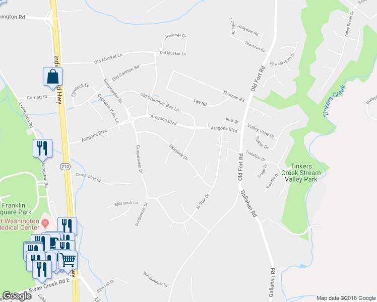 map of restaurants, bars, coffee shops, grocery stores, and more near 1712 Old Drummer Boy Lane in Fort Washington