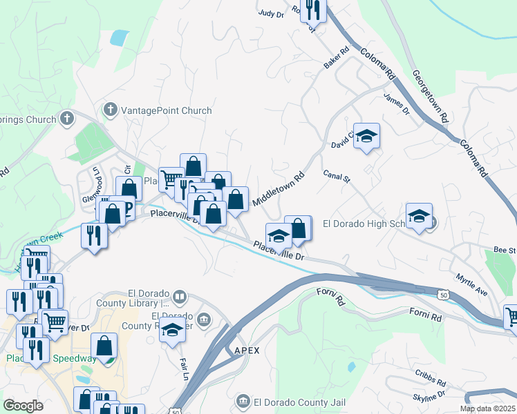 map of restaurants, bars, coffee shops, grocery stores, and more near 168 Panning Way in Placerville