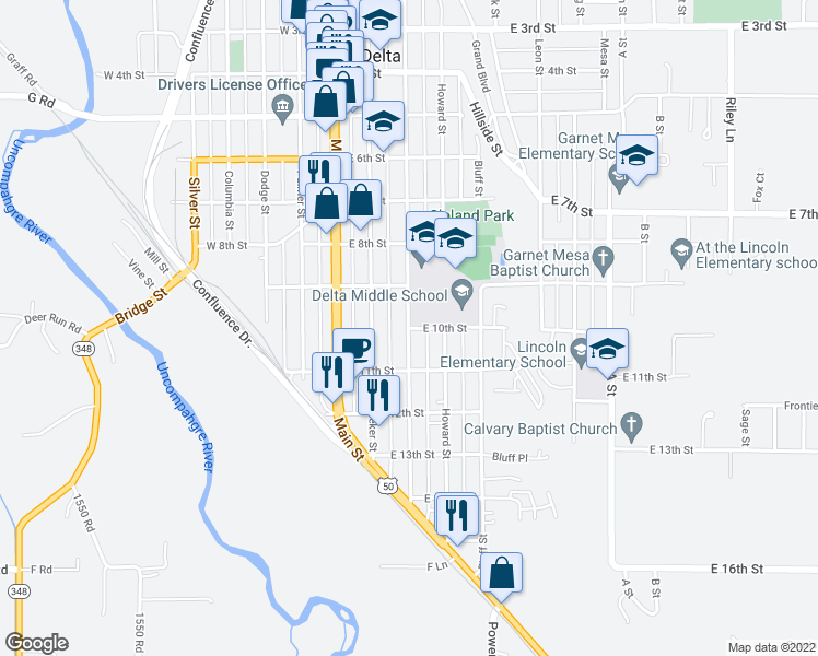 map of restaurants, bars, coffee shops, grocery stores, and more near 998 Grand Avenue in Delta