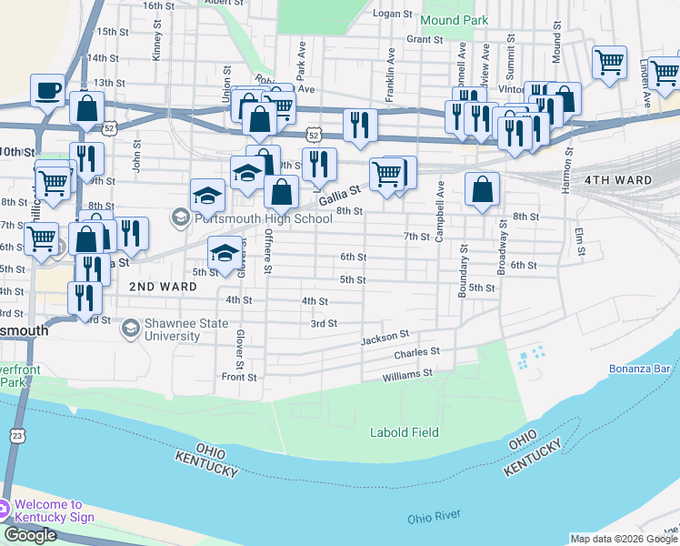 map of restaurants, bars, coffee shops, grocery stores, and more near 1646 6th Street in Portsmouth