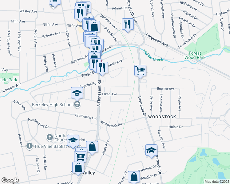 map of restaurants, bars, coffee shops, grocery stores, and more near 101 Fermo Avenue in Ferguson