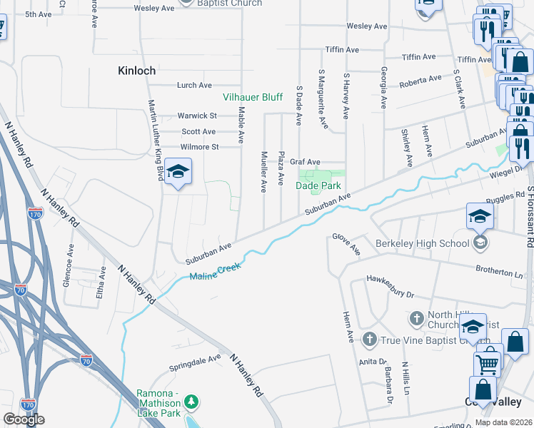 map of restaurants, bars, coffee shops, grocery stores, and more near 453 Mueller Avenue in Ferguson