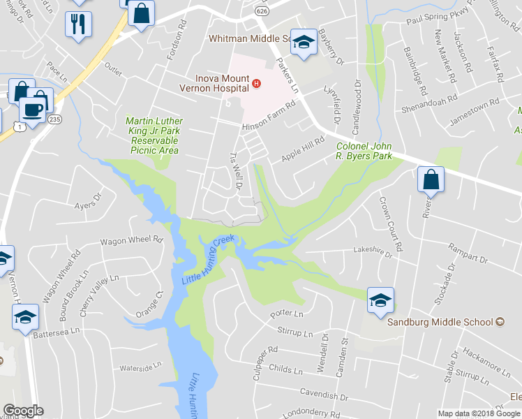 map of restaurants, bars, coffee shops, grocery stores, and more near 8217 Clifton Farm Court in Alexandria