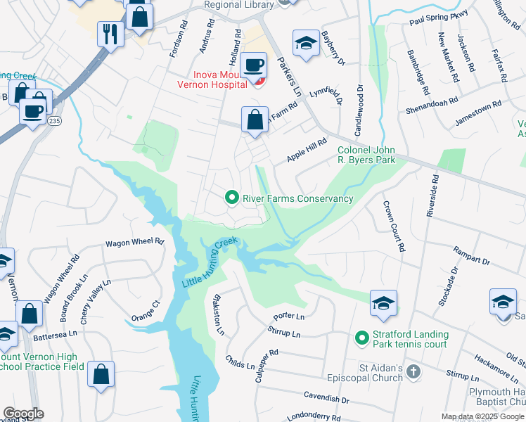 map of restaurants, bars, coffee shops, grocery stores, and more near 8217 Clifton Farm Court in Alexandria