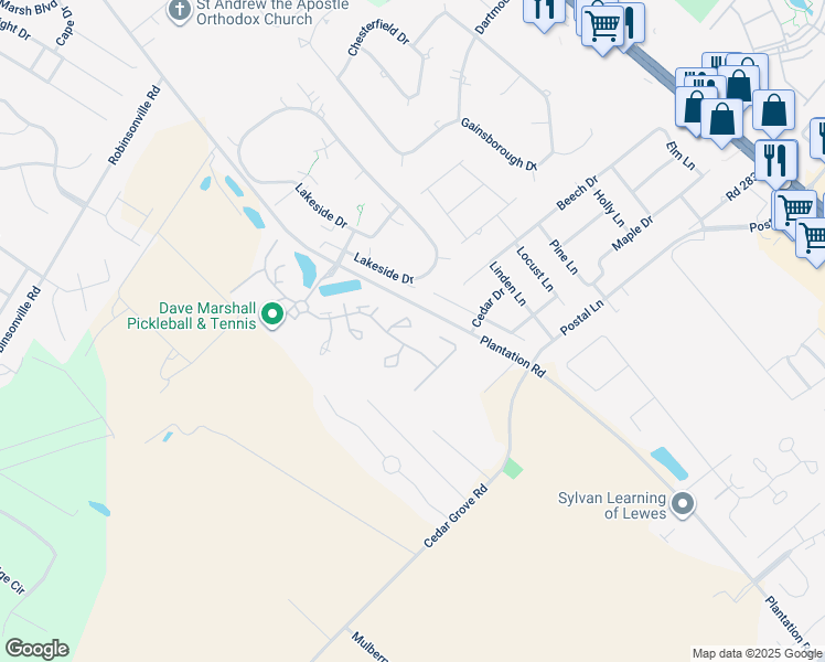 map of restaurants, bars, coffee shops, grocery stores, and more near 147 Lakeside Drive in Lewes