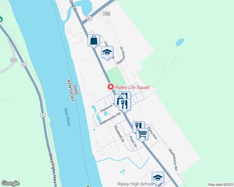 map of restaurants, bars, coffee shops, grocery stores, and more near 801 South 2nd Street in Ripley
