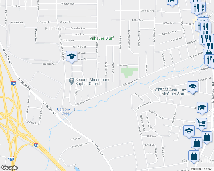 map of restaurants, bars, coffee shops, grocery stores, and more near 453 Mueller Avenue in Ferguson