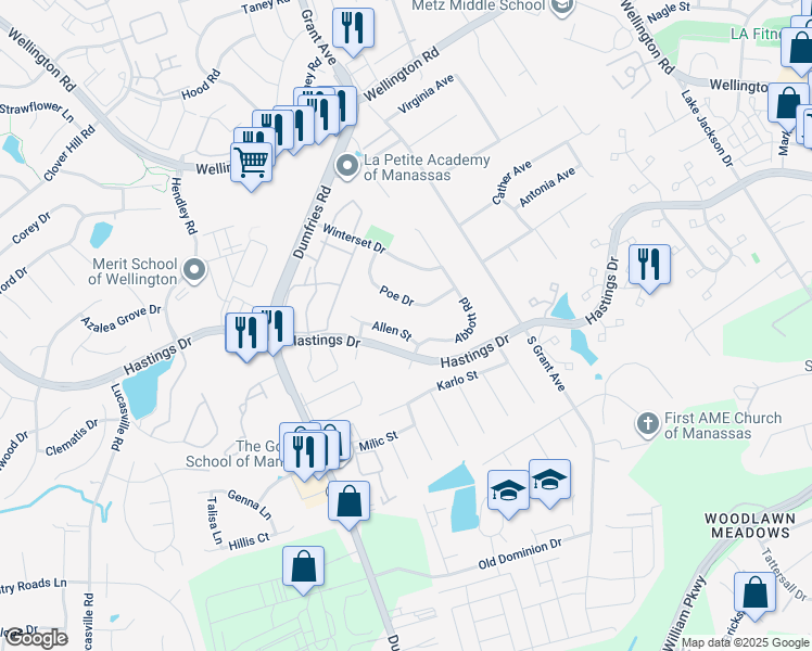 map of restaurants, bars, coffee shops, grocery stores, and more near 9274 Allen Street in Manassas