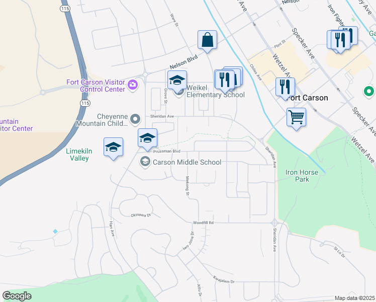 map of restaurants, bars, coffee shops, grocery stores, and more near 6200 Prussman Boulevard in Fort Carson
