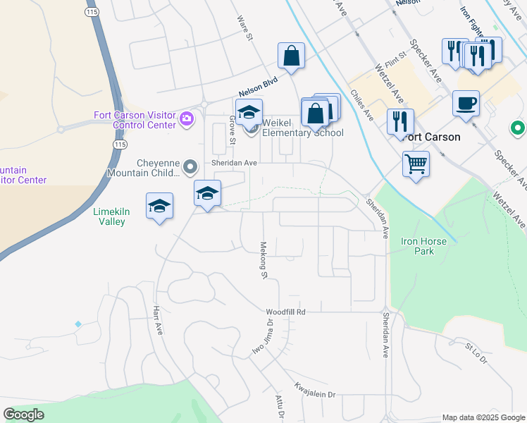 map of restaurants, bars, coffee shops, grocery stores, and more near 6200 Prussman Boulevard in Fort Carson